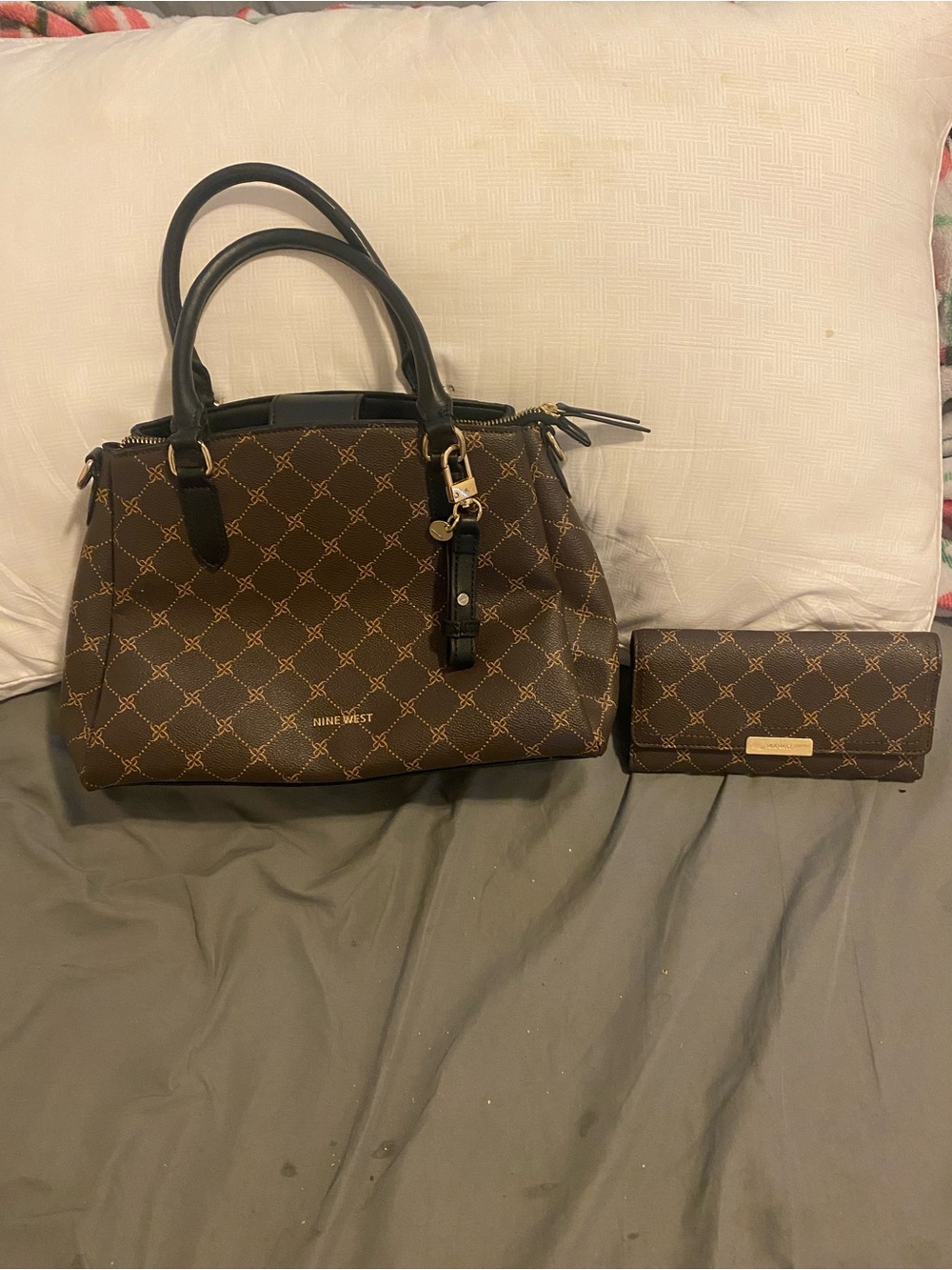 Nine West Brown & Tan Monogram Satchel with Matching Wallet
